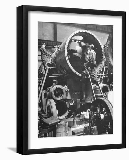 Workers Putting Together the Boiler Tube Portion of an 0-8-0 Switching Locomotive-Andreas Feininger-Framed Photographic Print