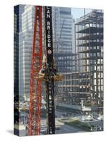 Workers Service Crane Across Street from National Bank Building under Construction on Park Ave-Dmitri Kessel-Stretched Canvas