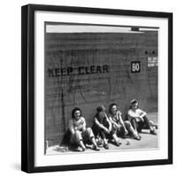 Workers Sitting Against Wall During Lunch Break, at Vega Aircraft Plant, During WWII: Burbank, Ca-Charles Fenno Jacobs-Framed Photographic Print