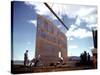 Workers Watching as Steel Beam is Raised High Above During Sub Assembling of Ship at Shipyard-Hansel Mieth-Stretched Canvas