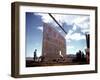 Workers Watching as Steel Beam is Raised High Above During Sub Assembling of Ship at Shipyard-Hansel Mieth-Framed Photographic Print