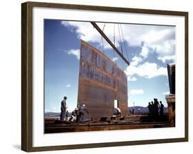 Workers Watching as Steel Beam is Raised High Above During Sub Assembling of Ship at Shipyard-Hansel Mieth-Framed Photographic Print