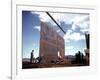 Workers Watching as Steel Beam is Raised High Above During Sub Assembling of Ship at Shipyard-Hansel Mieth-Framed Photographic Print