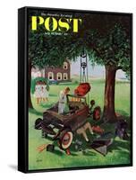 "Working on the Jalopy," Saturday Evening Post Cover, July 15, 1961-George Hughes-Framed Stretched Canvas