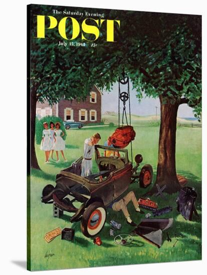 "Working on the Jalopy," Saturday Evening Post Cover, July 15, 1961-George Hughes-Stretched Canvas