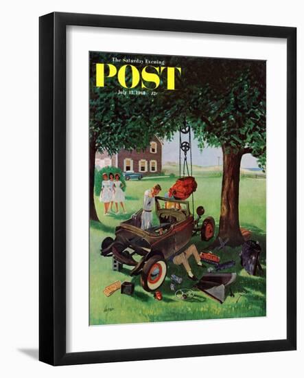 "Working on the Jalopy," Saturday Evening Post Cover, July 15, 1961-George Hughes-Framed Giclee Print