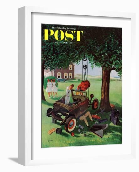 "Working on the Jalopy," Saturday Evening Post Cover, July 15, 1961-George Hughes-Framed Giclee Print