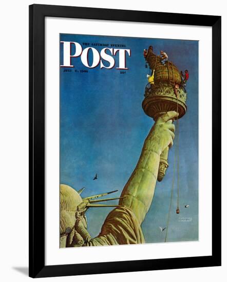 "Working on the Statue of Liberty" Saturday Evening Post Cover, July 6,1946-Norman Rockwell-Framed Giclee Print