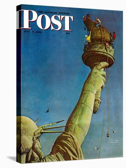 "Working on the Statue of Liberty" Saturday Evening Post Cover, July 6,1946-Norman Rockwell-Stretched Canvas