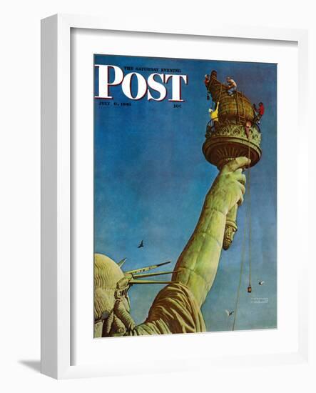 "Working on the Statue of Liberty" Saturday Evening Post Cover, July 6,1946-Norman Rockwell-Framed Giclee Print