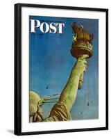 "Working on the Statue of Liberty" Saturday Evening Post Cover, July 6,1946-Norman Rockwell-Framed Premium Giclee Print