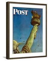 "Working on the Statue of Liberty" Saturday Evening Post Cover, July 6,1946-Norman Rockwell-Framed Giclee Print