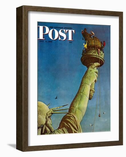 "Working on the Statue of Liberty" Saturday Evening Post Cover, July 6,1946-Norman Rockwell-Framed Premium Giclee Print