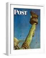 "Working on the Statue of Liberty" Saturday Evening Post Cover, July 6,1946-Norman Rockwell-Framed Premium Giclee Print