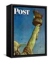 "Working on the Statue of Liberty" Saturday Evening Post Cover, July 6,1946-Norman Rockwell-Framed Stretched Canvas