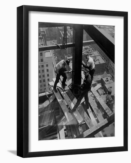 Workmen Attach Steel Beams Above Street During Construction of the Manhattan Company Building-Arthur Gerlach-Framed Photographic Print