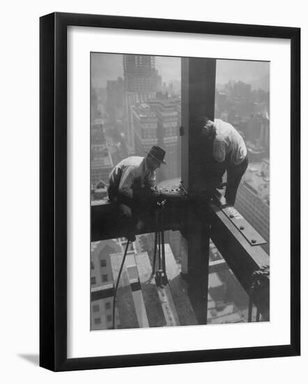 Workmen Attaching Steel Beams High Above Street During Construction of Manhattan Company Building-Arthur Gerlach-Framed Premium Photographic Print