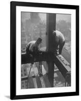 Workmen Attaching Steel Beams High Above Street During Construction of Manhattan Company Building-Arthur Gerlach-Framed Photographic Print