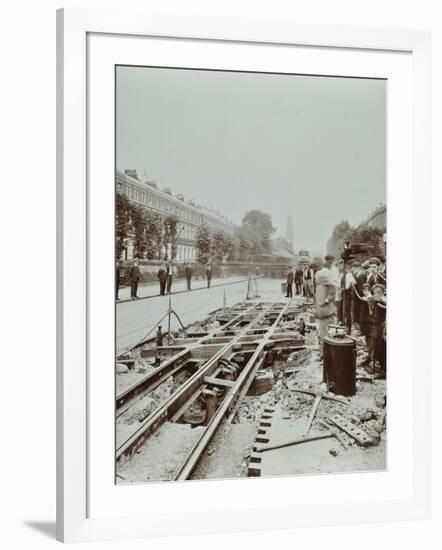 Workmen Extending Tramlines, Brixton Road, London, 1907-null-Framed Photographic Print