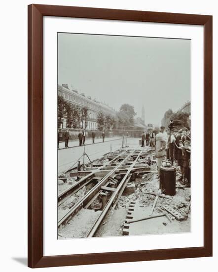 Workmen Extending Tramlines, Brixton Road, London, 1907-null-Framed Photographic Print