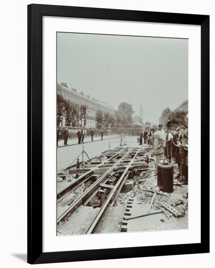 Workmen Extending Tramlines, Brixton Road, London, 1907-null-Framed Photographic Print