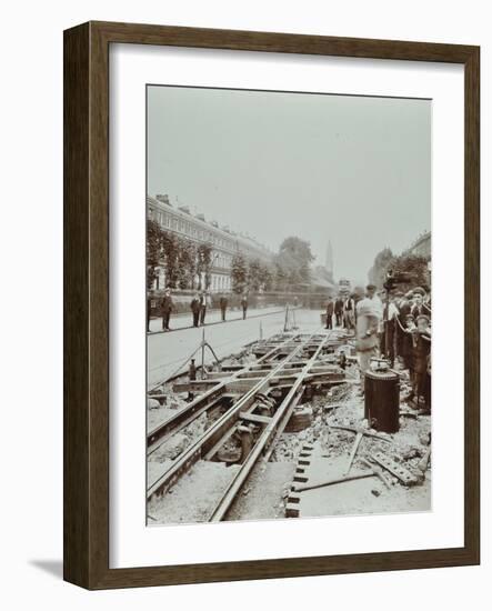 Workmen Extending Tramlines, Brixton Road, London, 1907-null-Framed Photographic Print