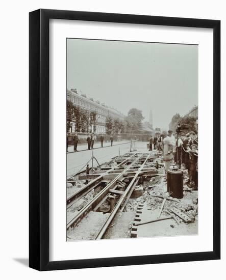 Workmen Extending Tramlines, Brixton Road, London, 1907-null-Framed Photographic Print