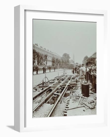 Workmen Extending Tramlines, Brixton Road, London, 1907-null-Framed Photographic Print