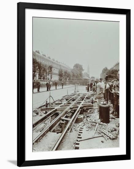 Workmen Extending Tramlines, Brixton Road, London, 1907-null-Framed Photographic Print