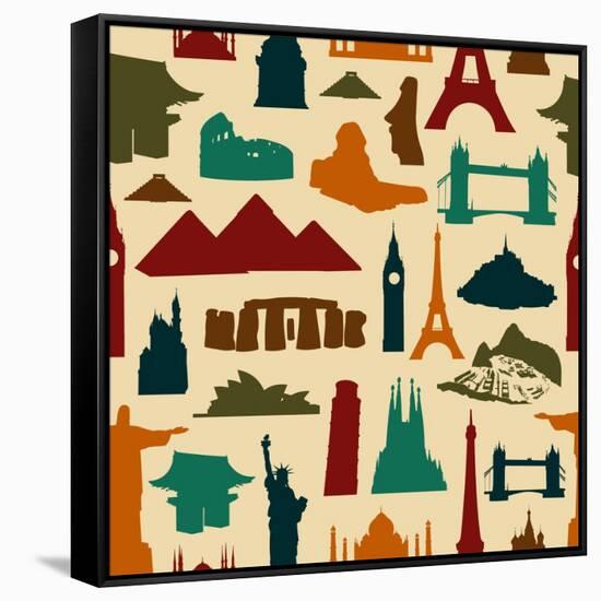 World Landmark Silhouettes Pattern-cienpies-Framed Stretched Canvas