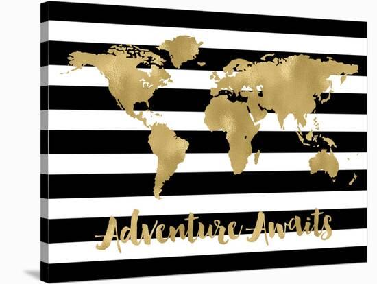 World Map Black White Stripe Adventure Awaits-Amy Brinkman-Stretched Canvas