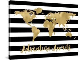 World Map Black White Stripe Adventure Awaits-Amy Brinkman-Stretched Canvas