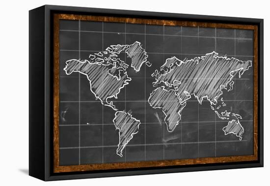 World Map Chalk Drawing Blackboard-NatanaelGinting-Framed Stretched Canvas