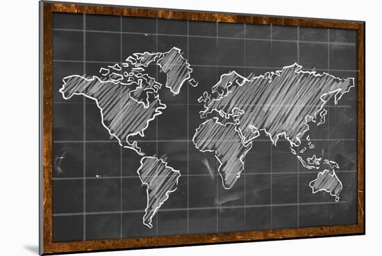 World Map Chalk Drawing Blackboard-NatanaelGinting-Mounted Art Print