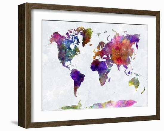 World Map in Watercolorpurple and Blue-paulrommer-Framed Art Print