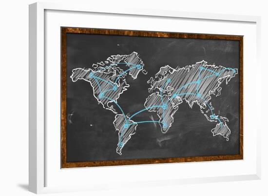 World Map Networking Blue Chalk-NatanaelGinting-Framed Art Print