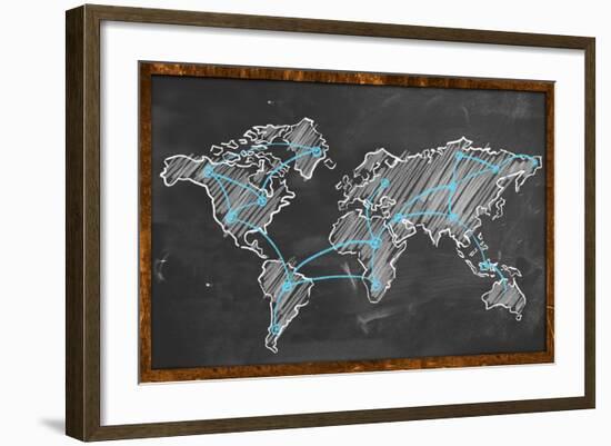 World Map Networking Blue Chalk-NatanaelGinting-Framed Art Print