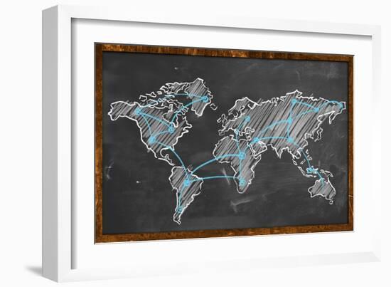 World Map Networking Blue Chalk-NatanaelGinting-Framed Art Print