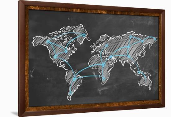 World Map Networking Blue Chalk-NatanaelGinting-Framed Art Print