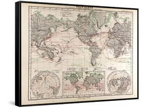 World Map of Ocean Currents and Express Routes, 1872-null-Framed Stretched Canvas