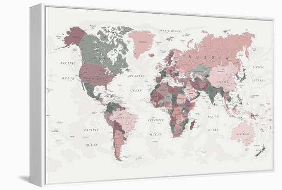 World Map Pink Green 2-Urban Epiphany-Framed Stretched Canvas