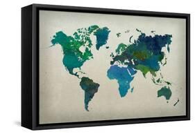 World Map Watercolor (Cool)-null-Framed Stretched Canvas