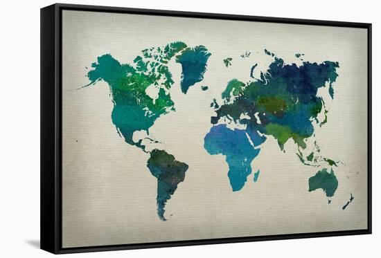 World Map Watercolor (Cool)-null-Framed Stretched Canvas