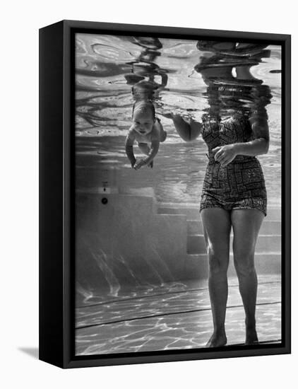 World's Youngest Swimmer Julie Sheldon, 9 Weeks Old, Swimming Underwater-Ed Clark-Framed Stretched Canvas