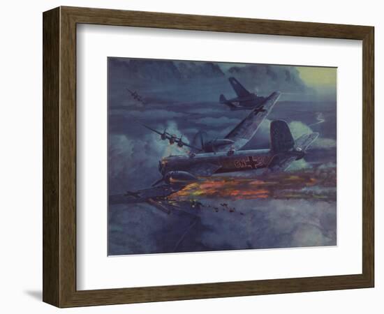 World War 2 German Heavy Bomber in Flight with Wing on Fire-null-Framed Art Print