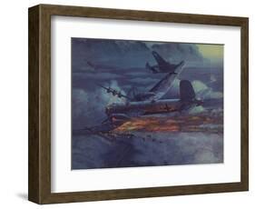 World War 2 German Heavy Bomber in Flight with Wing on Fire-null-Framed Art Print