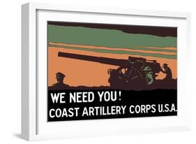 World War I Propaganda Poster of Soldiers Operating an Artillery Cannon-null-Framed Art Print