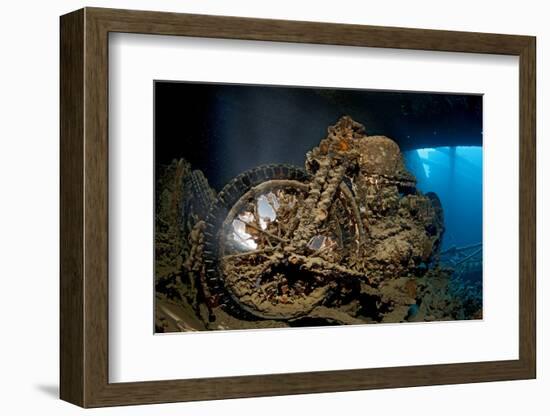 World War II Bsa M20 Motorbike in the Hold of Thistlegorm Wreck. Sha'Ab Ali, Sinai, Egypt. Red Sea-Alex Mustard-Framed Photographic Print