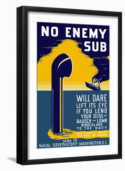 World War II Poster of a Periscope Rising from the Ocean As a Burning Ship Sinks-Stocktrek Images-Framed Art Print