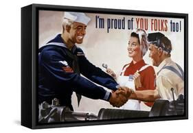 World War II Poster of a Sailor Shaking Hands with Factory Workers-null-Framed Stretched Canvas